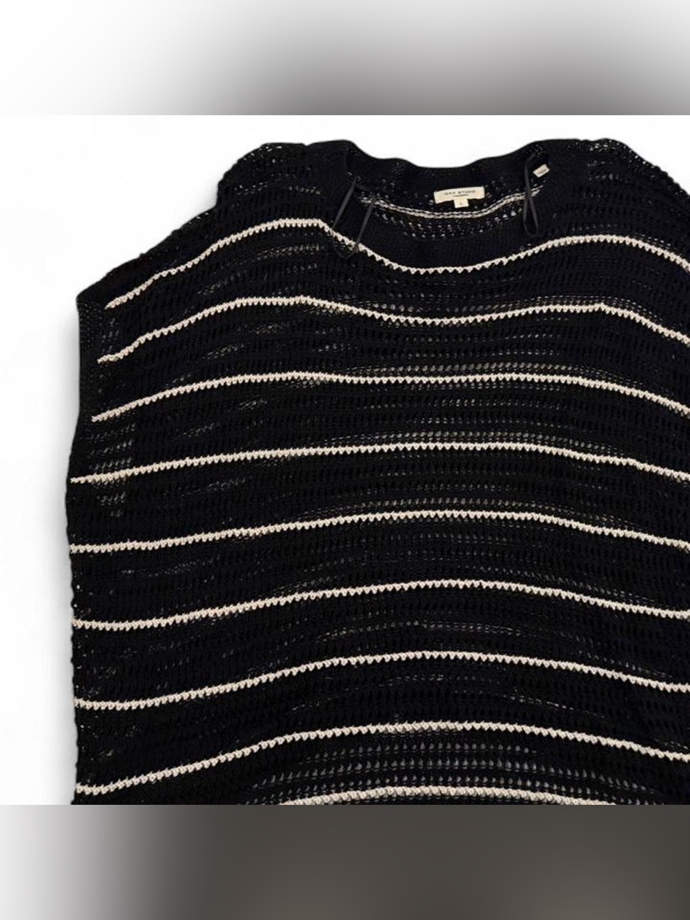 Max Studio Black and Cream Striped Open-Knit Crewneck Sweater
